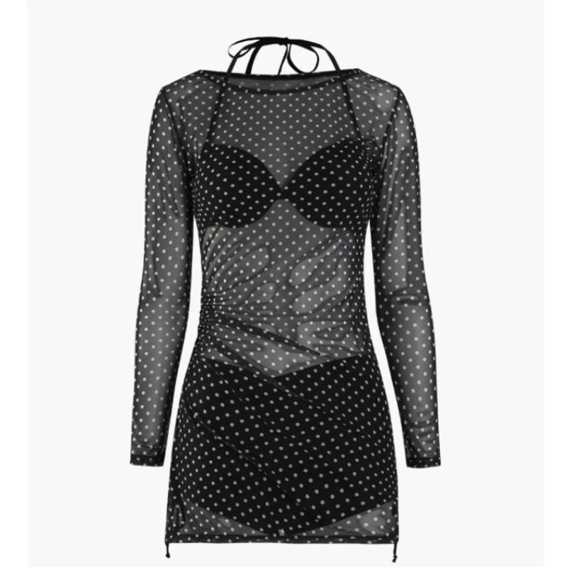 

Polka Dot Bikini Set 3 Piece Long Sleeve Cover Up High Leg Swim Bottoms Top Black White Vacation Beach Swimsuit for Women