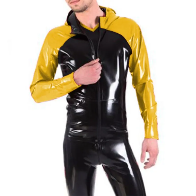 

Latex Natural Rubber Sexy Full Body Uniform Hats Coat and Pants Black with Yellow Cosplay Policeman Customize Size XXS-XXL