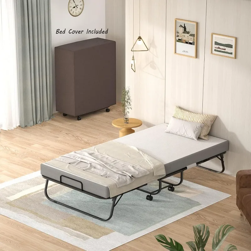 Folding Bed with Mattress, Portable Foldable Bed with Storage Cover, Rollaway Bed for Adults with Memory Foam Mattress