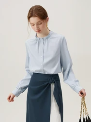 FSLE Petal Collar Stand Collar Design 2024 Spring New Blue Modal Long Sleeve Blouses Office Lady White Simple Shirt 24FS11138