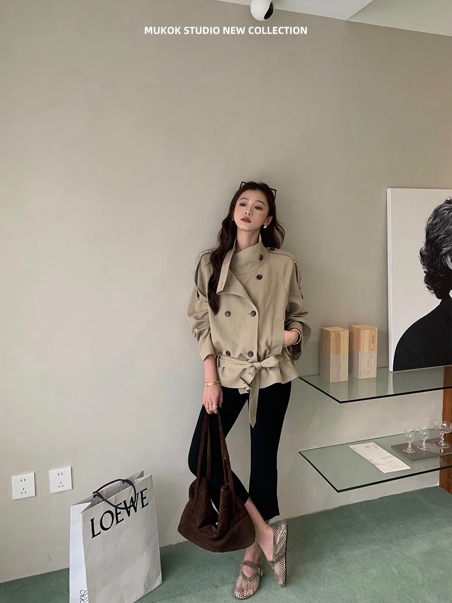 MUKOK Retro Lazy Double-Breasted Shoulder Strap Short Coat Classic Fashion Loose Stand Collar Short Outerwear for Women