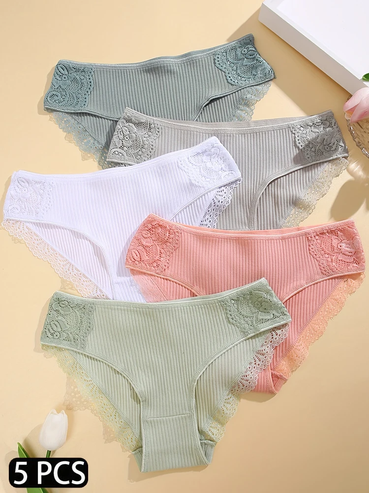 

5PCS/Set Women Floral Lace Cotton Panties Sexy Low Rise Briefs Female Comfortable Pantys Solid Color Plus Size Lingerie M-XXL