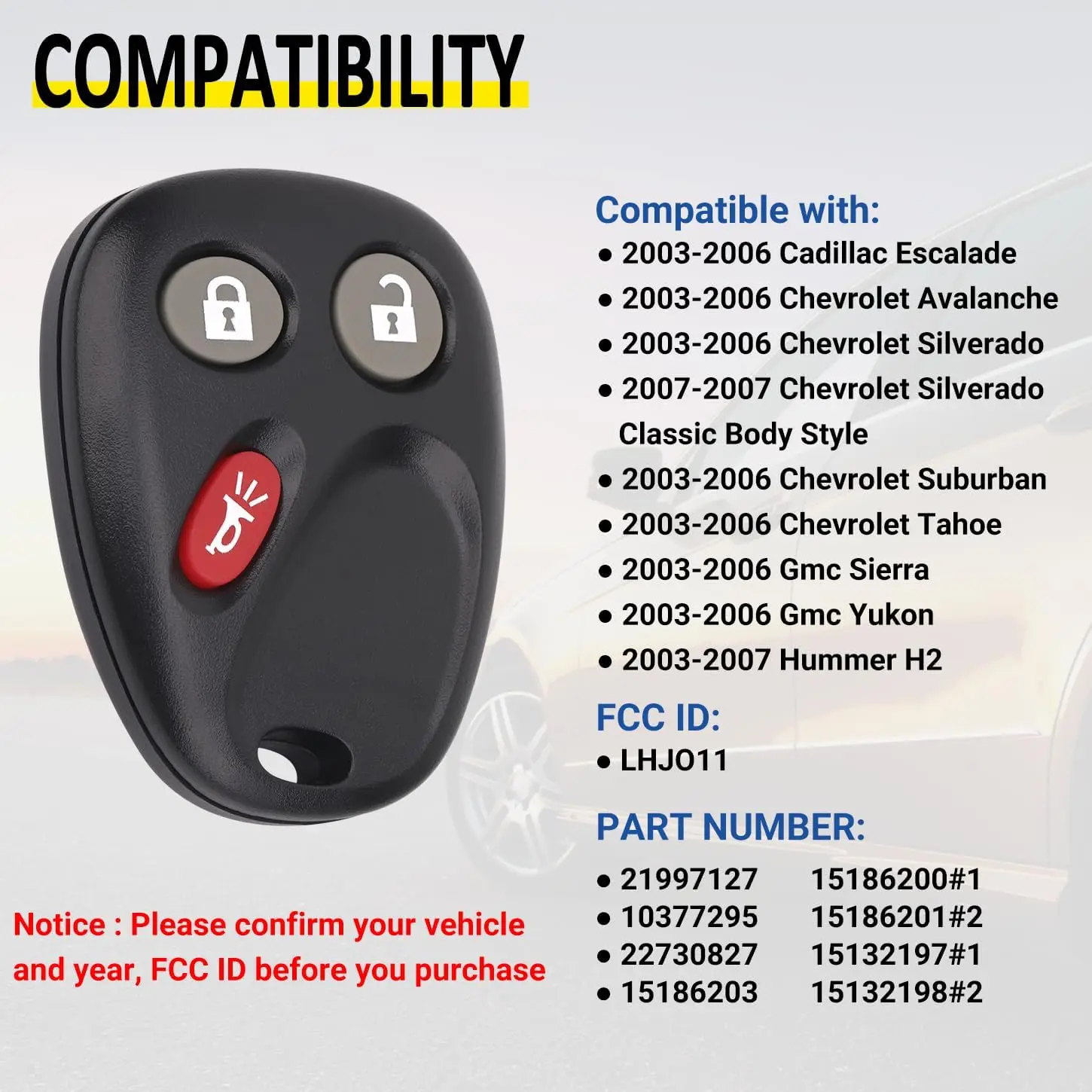 Keyless Entry Remote Fob Compatible with Chevy Tahoe Silverado , Yukon, Escalade, H2 2003 2004 2005 2006, for LHJ011 (