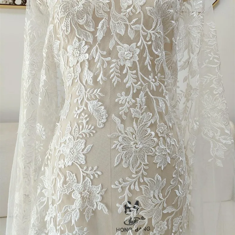 

New Arrival Sparkling White Sequin Embroidered Floral Lace Fabric for Wedding Dress Evening Gown Cheongsam DIY Craft Material