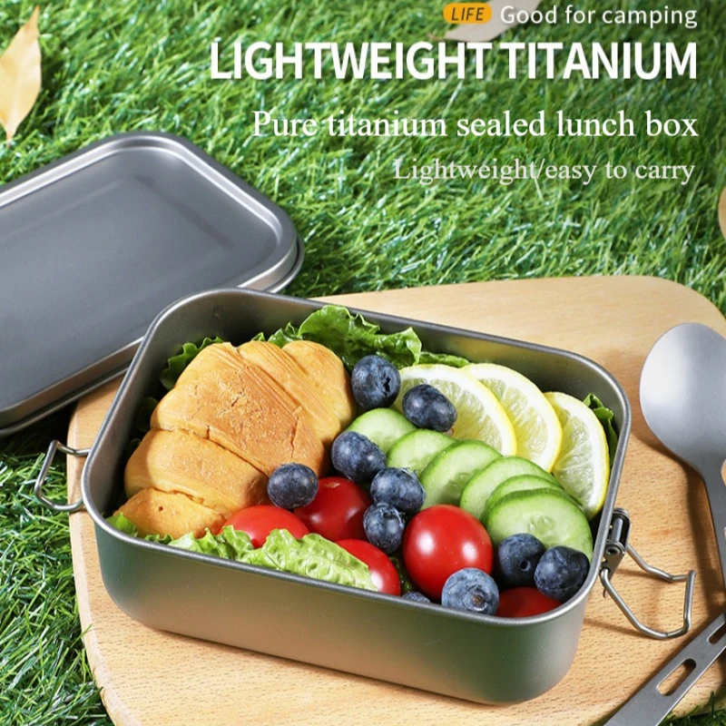 

Outdoor 800ml Pure Titanium Lunch Box Camping High-end Bento Box Portable Folding Handle Lunch Box Heatable Square Bento Box