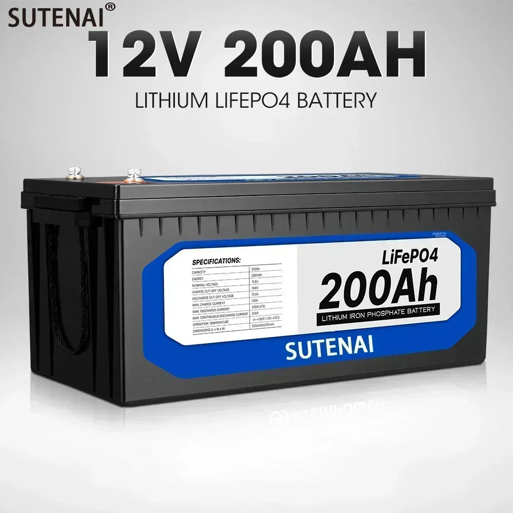 12v 200ah lifepo4 bateria embutida bms célula de fosfato de ferro de lítio para campistas rv carrinho de golfe fora de estrada fora da rede solar com carregador