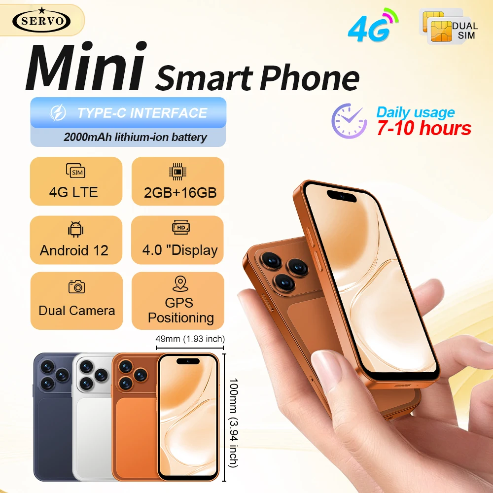 SERVO Android mini Smartphone 2GB+16GB 4G LTE Dual SIM 2000mAh Google Play Face Unlock 4.0'' Display Compact Small Mobile Phone