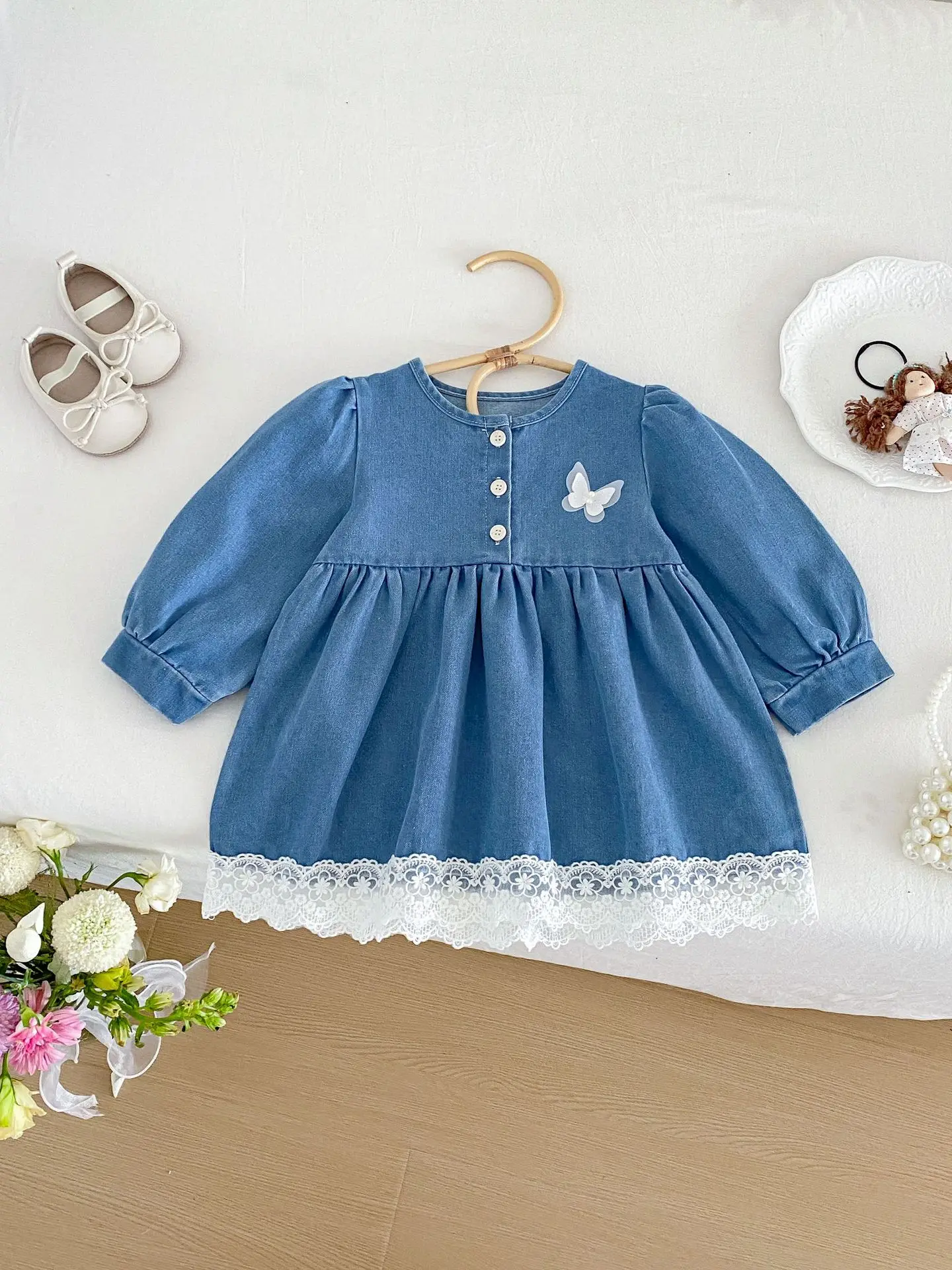 Girls' Lace Collar Denim Dress Baby Stylish Korean Version Dress Autumn Solid Color Outfit for Baby Girls