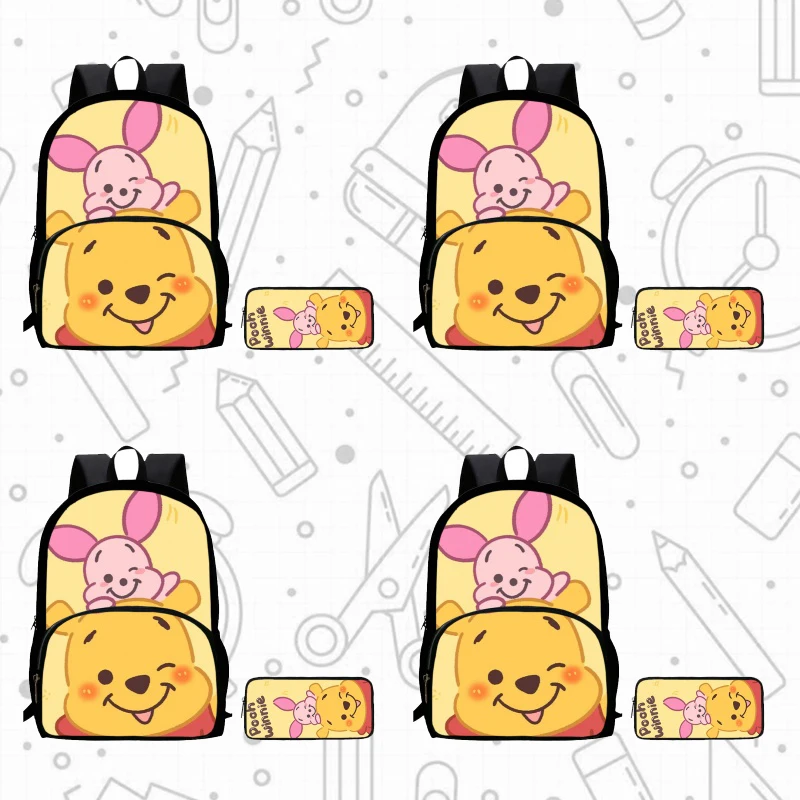 

2Pcs Set School Backpack with Front Pocket,Cartoon Winnie-the-Pooh School Bags for Girls Boys,Large Child Backpack for Aged 5-10