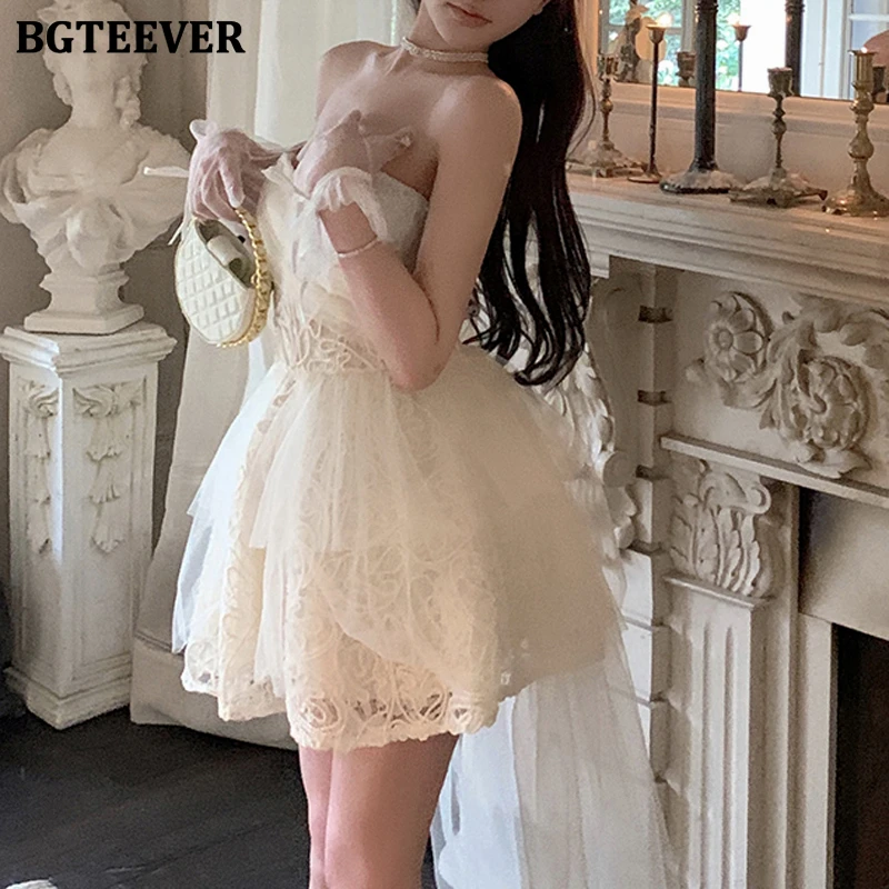Bgteever elegante feminino sem mangas a linha vestido de festa primavera verão elegante magro senhoras sem alças mini vestido feminino vestido de renda