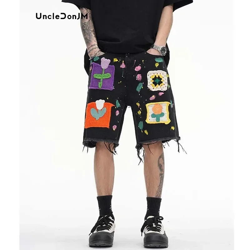 Graffiti Denim Shorts Pathches Flower Jorts Men Vibe Style Baggy Jorts Streetwear Y2k Jeans for Men