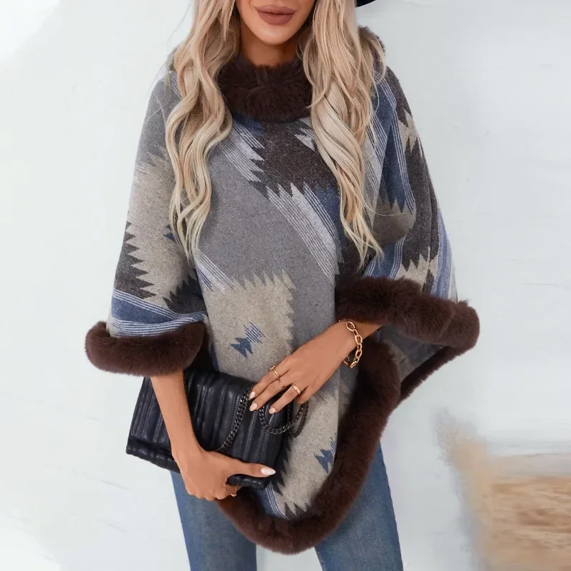 

Women Pullover Cape Fur Collar Geometric Pattern Knitted Shawl Jacket Seven-point Bat Sleeve O-neck Female Sweater Capas Ponchos