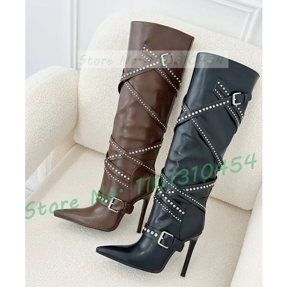 

Knee High Boots With Studded Straps Women Winter Pointed Toe Stiletto Boots Ladies Casual Belt Buckle Side-zip High Heels Shoes