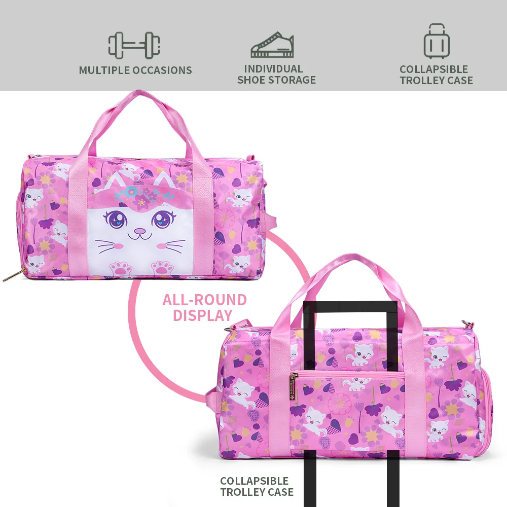 BLING BABIES Cat-themed girl ballet bag, children\'s duffel bag and gym bag, pink travel dance bag with shoe compartments.