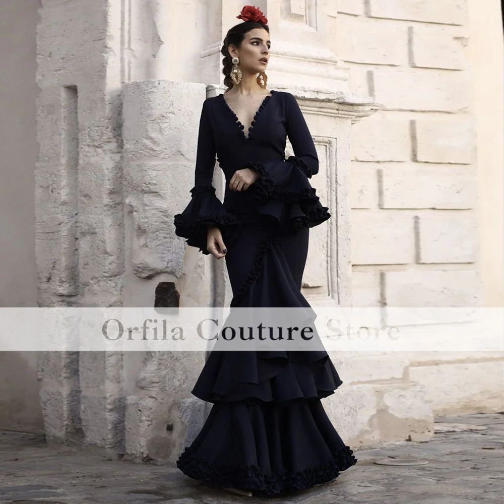 Black Flamenca Evening Dress Mermaid Long Sleeves V Neck Ruffles Skirt Gypsy Prom Dance Dress Formal Ceremony Party Gowns