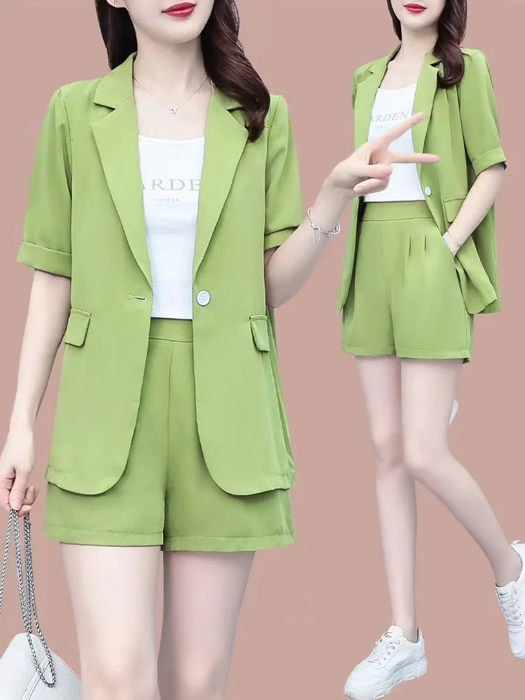 Avocado Green Summer Suit plus Size Fashionable Professional Two-Piece Set High Waist Shorts Korean Style Commute Wind Loose Fit