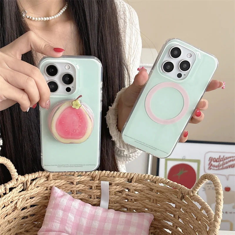 

Simple Mint Green Magnetic Phone Case For iPhone 16 Pro 15 14 13 Pro Max Cover with Cute Fruit Stand Holder For Magsafe Cases 16