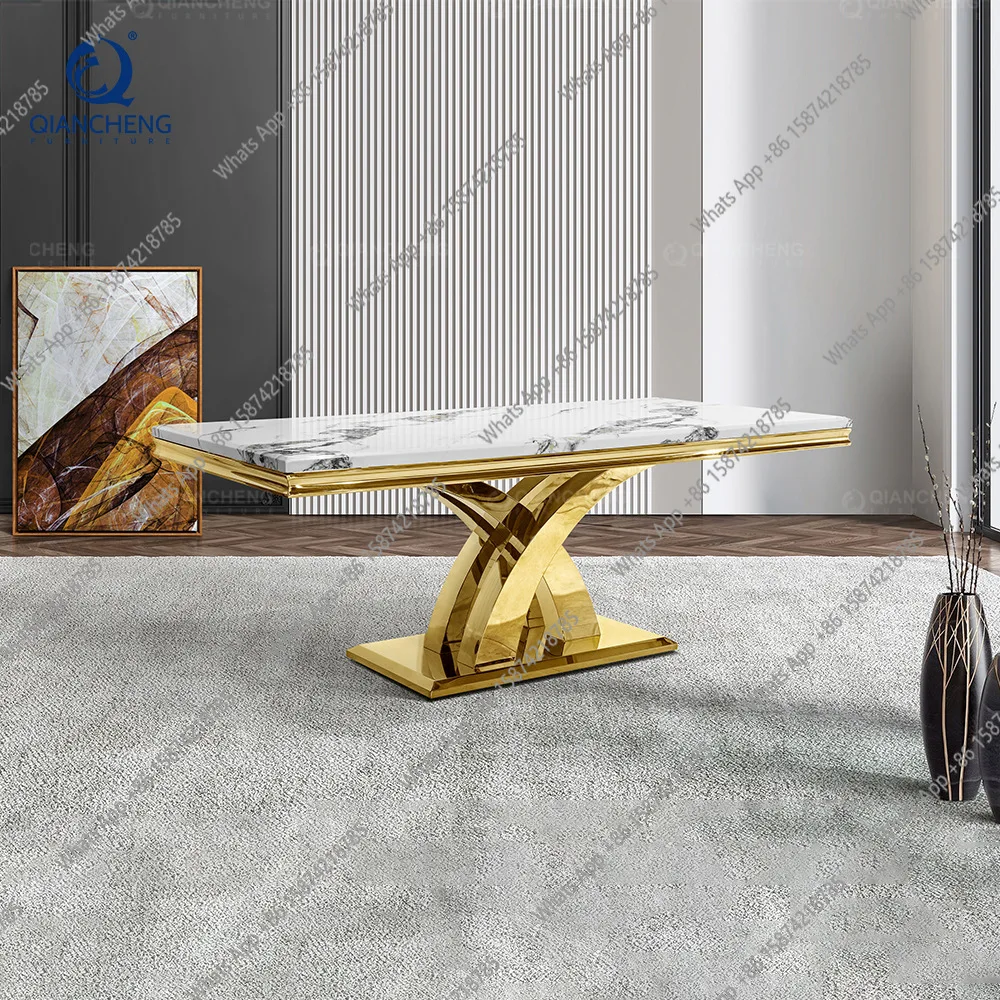 

Light luxury marble dining table set, a set of household high-end luxury stainless steel dining table and chairs