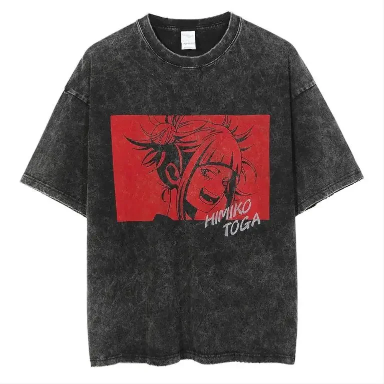 My Hero Academia 2026 Summer Vintage Washed Cotton T Shirt Oversized Streetwear Himiko Toga Red Manga Panel Graphic Tee