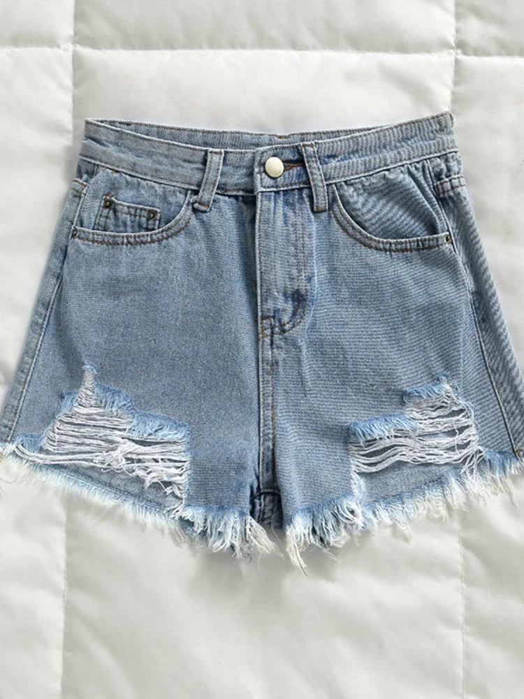 Women\'s Ripped High Waist Jeans Shorts, Casual Female Loose Denim Shorts, Wigh Leg, Summer, 2024