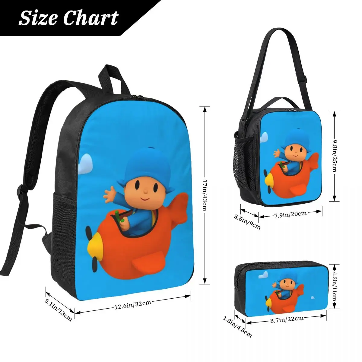 Blue Pocoyo Kids Cartoon Backpack Student BookBag School Bag Computer Shoulder Bags 3ps Insulated Lunch Bag Pencil Case