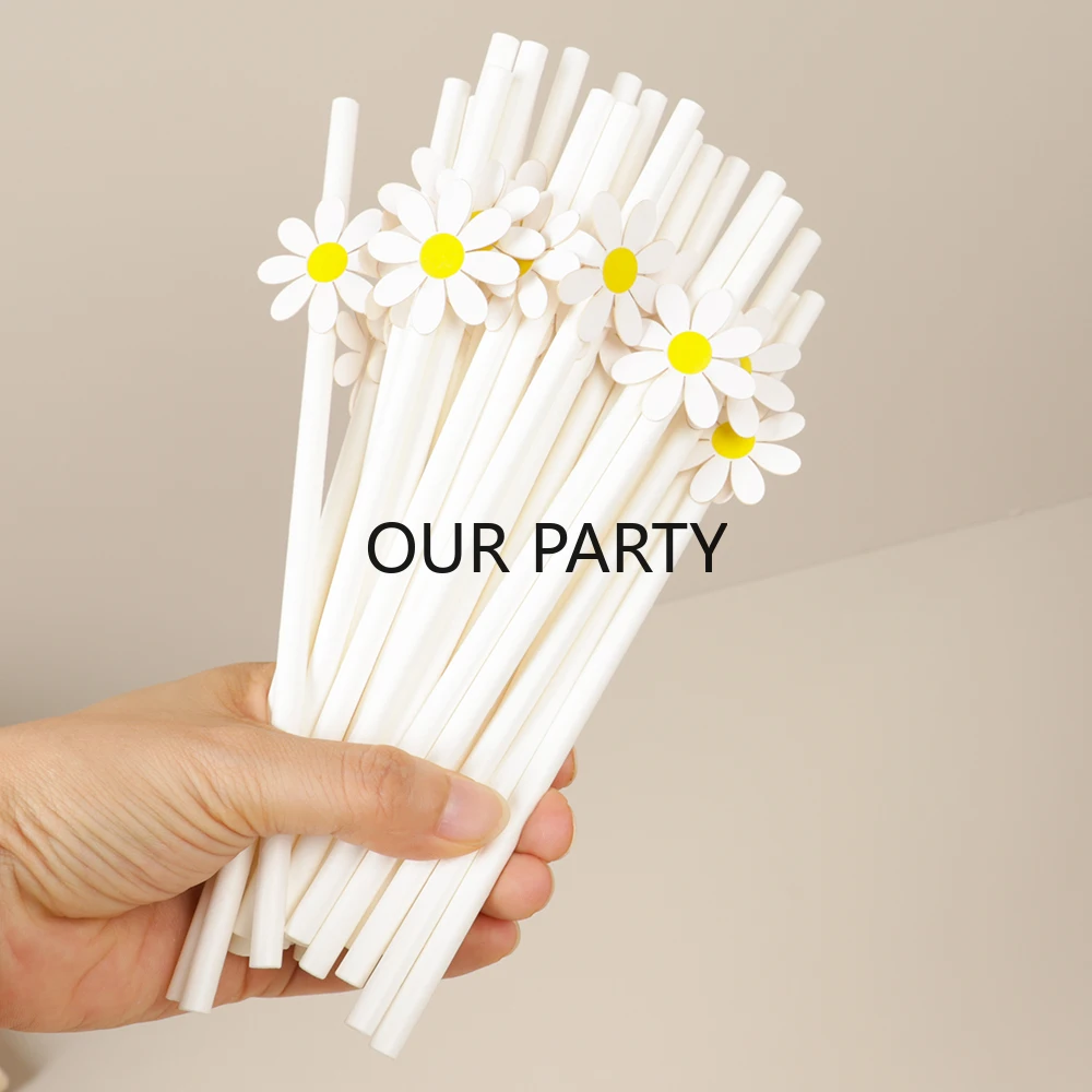 30Pcs Sweet Daisy Theme Disposable Paper Straws Romantic Flower Bar Drinking Straw for Birthday Baby Shower Wedding Party Decor