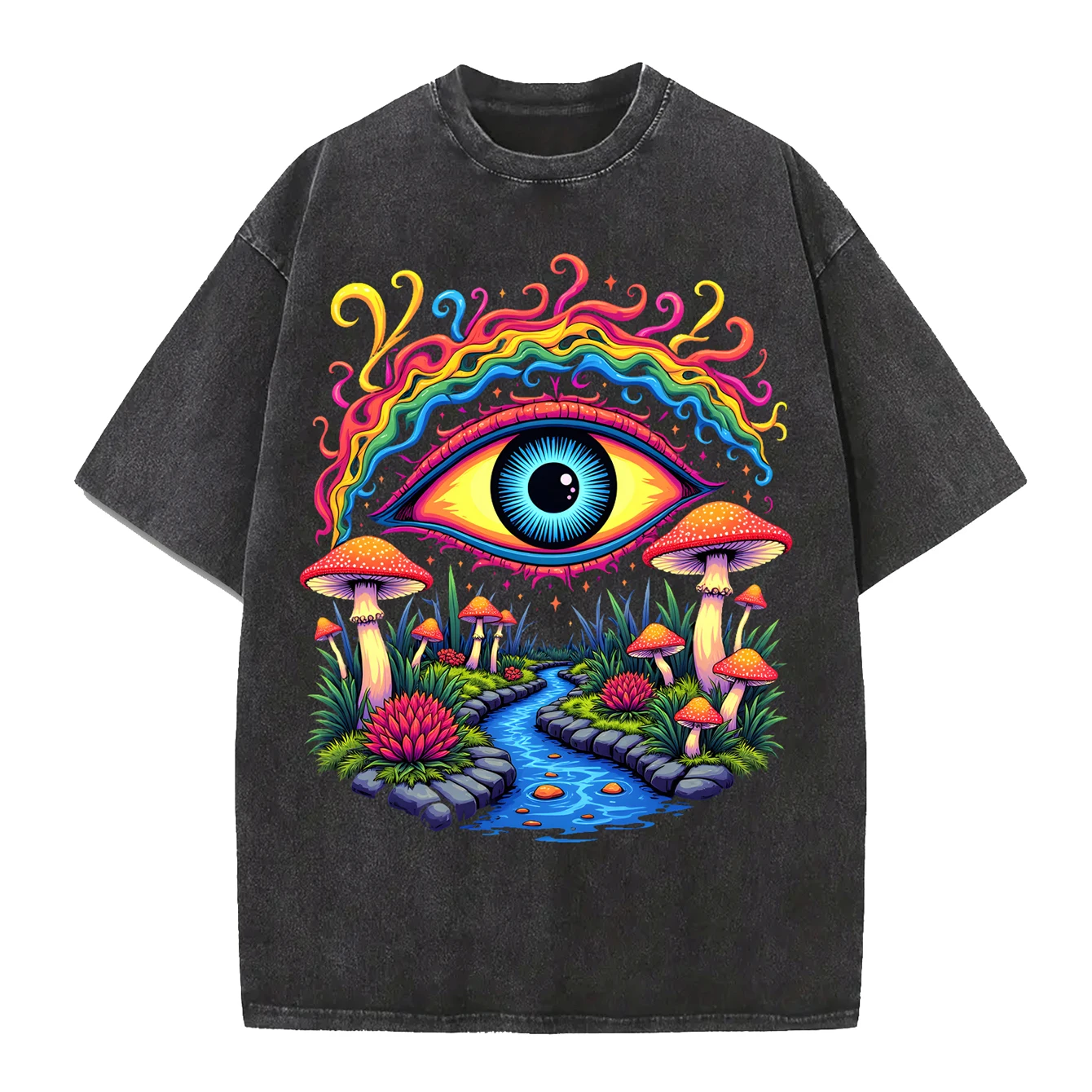 Hot Retro Trippy Mushroom Eye T-shirt Men Women Washed Black Oversized Casual Streetwear Psychedelic Graphic Tops Short Sleeve