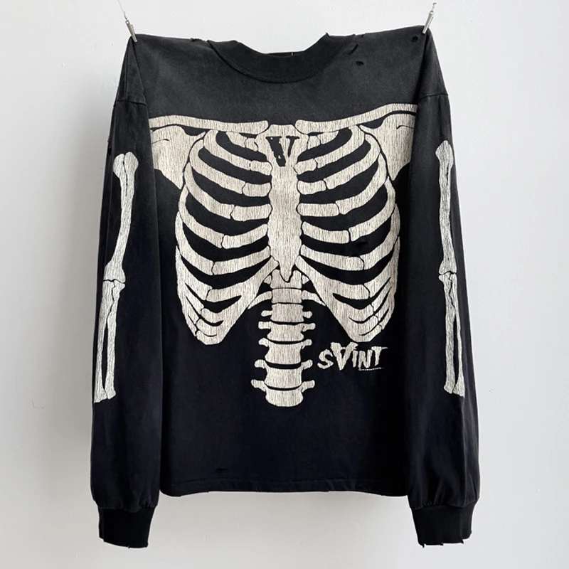 European American Trends SAINT Long Sleeve T-shirt Retro Washed Hip Hop Classic Skeleton Print Saint T Shirts