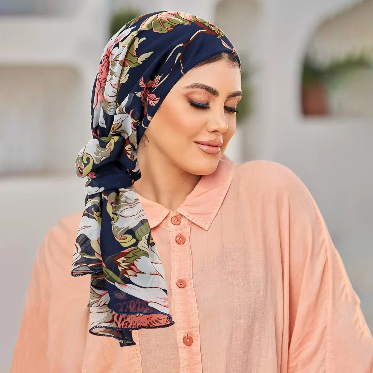 2 Pcs/Set Women Floral Printed Hair Circle Combination Set Headscarf Hat Muslim Turban Hijab Cancer Head Scarf Headwear Bandana