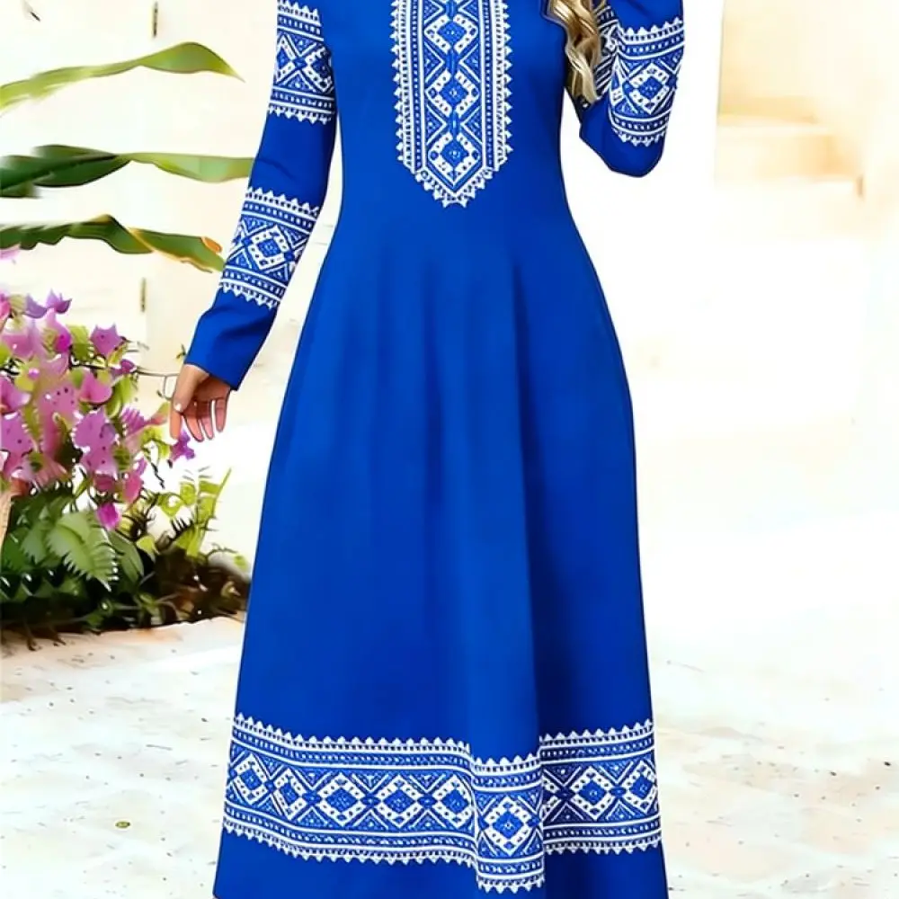 Elegant Floral Print Dress Long Sleeve Boho Style Loose Casual Maxi Gown Comfortable Breathable Fashion Ladies Clothing