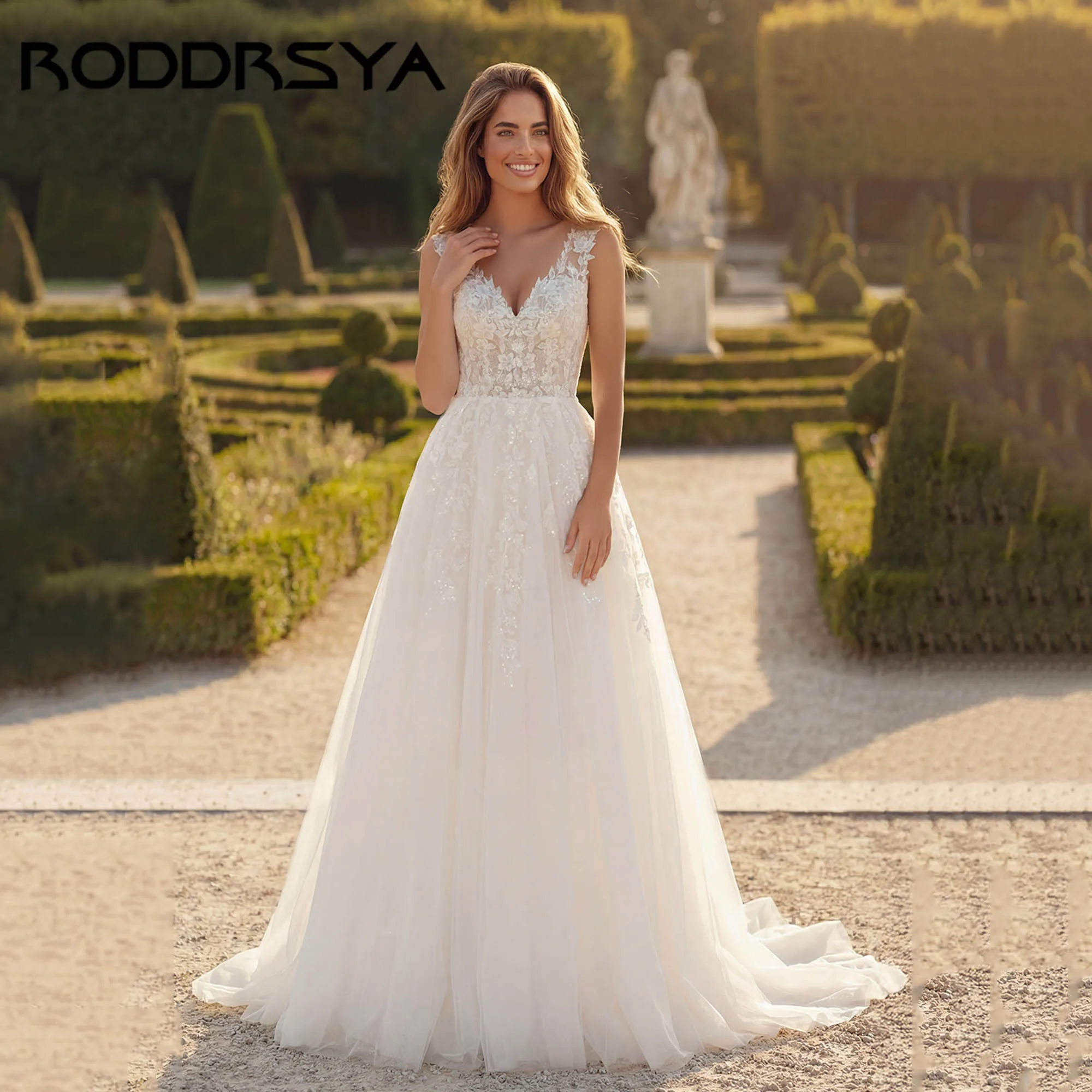 

RODDRSY V-neck Sleeveless Appliques Wedding Dresses Classic A-line Bridal Gowns Vintage Closed Back vestidos de novia Customized