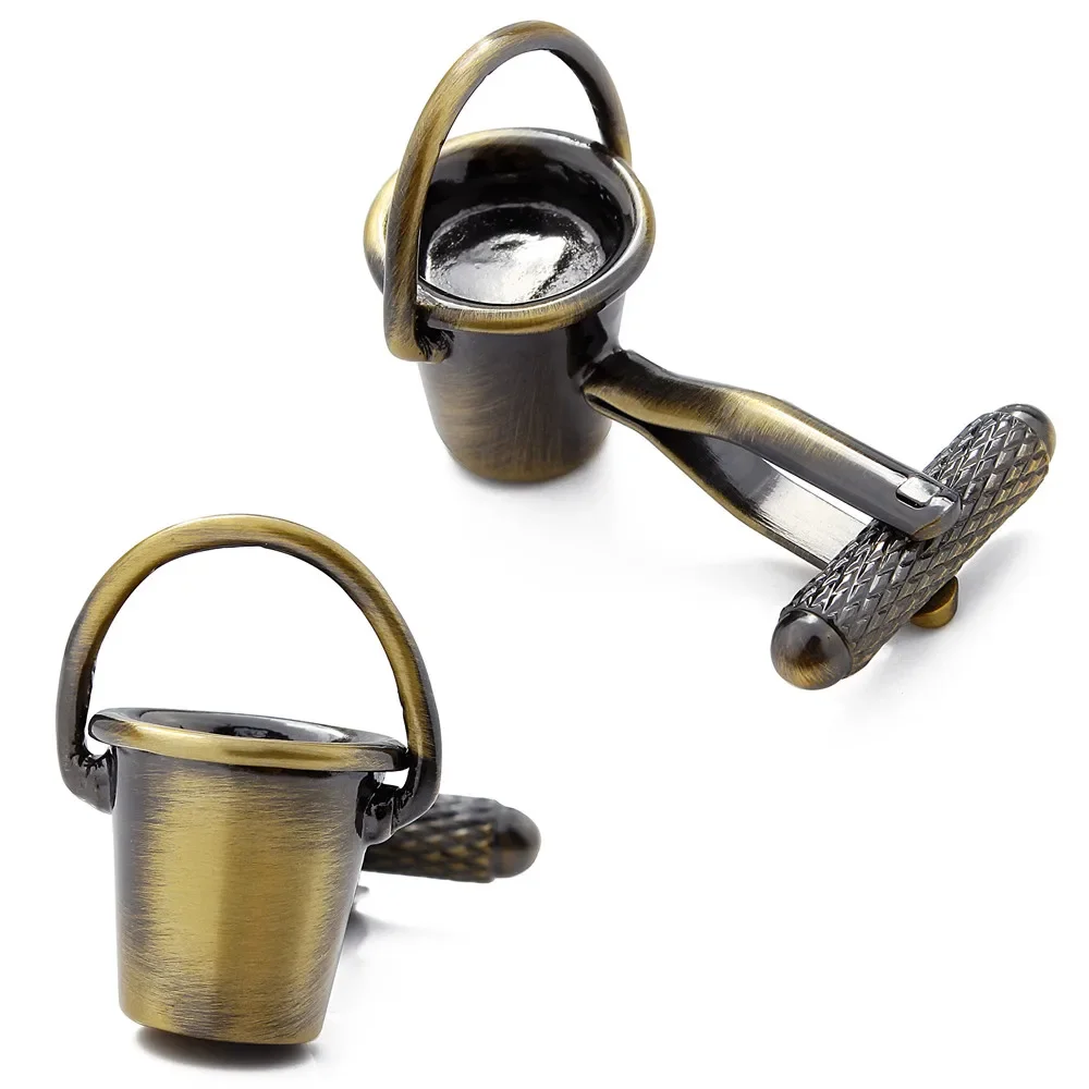 Novelty Mini Bucket Cufflinks for Men Brass Antique Bronze 3D Stereo Design Dress Shirt Cuff Links Business Party Gift HAWSON
