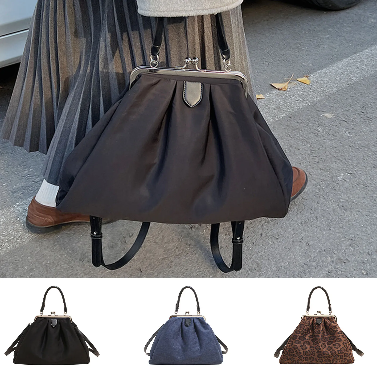 

Women Pleated Retro Shoulder Bag Kiss-Lock Underarm Purse Large Capacity Tote Backpack for Travel Shopping Work Daily Use