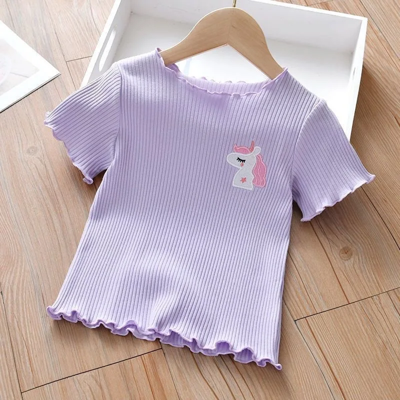 Girls Embroidered Short Sleeve T-Shirt Ice Silk Summer Top with Ruffle Trim Stretchy Soft for Toddler Baby 1-6 Years image 6