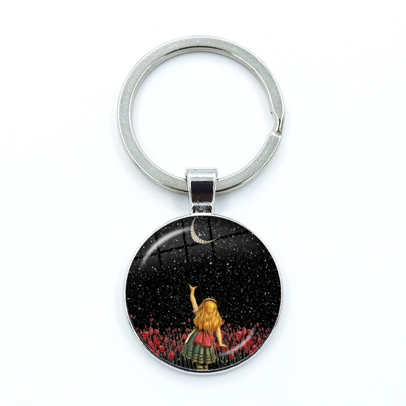 Alice In Wonderland Wonderland Garden Keychain Glass Cabochon KeyRing Bag Car Key Chain Ring Holder Charms Jewelry Gifts