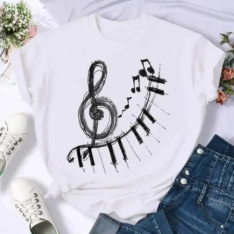 Short Sleeves Cotton Tops Streewear Watercolor Music Love Trend Short Sleeve Fashion Summer Women Print  Casual Top Graphic Tee