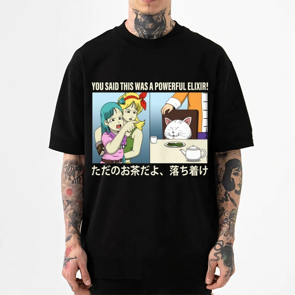 Nueva camiseta con estampado clásico de estilo japonés de Dragon Ball Bulma Girl que apunta a un gato, camiseta de manga corta, camiseta para hombres y mujeres