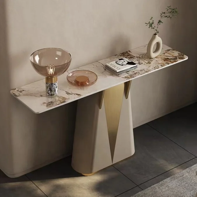 

Nordic Luxury Foyer Hallway Corner Stainless Steel Frame Side Table GRAND Wooden Modern Console Table With 2 Drawer