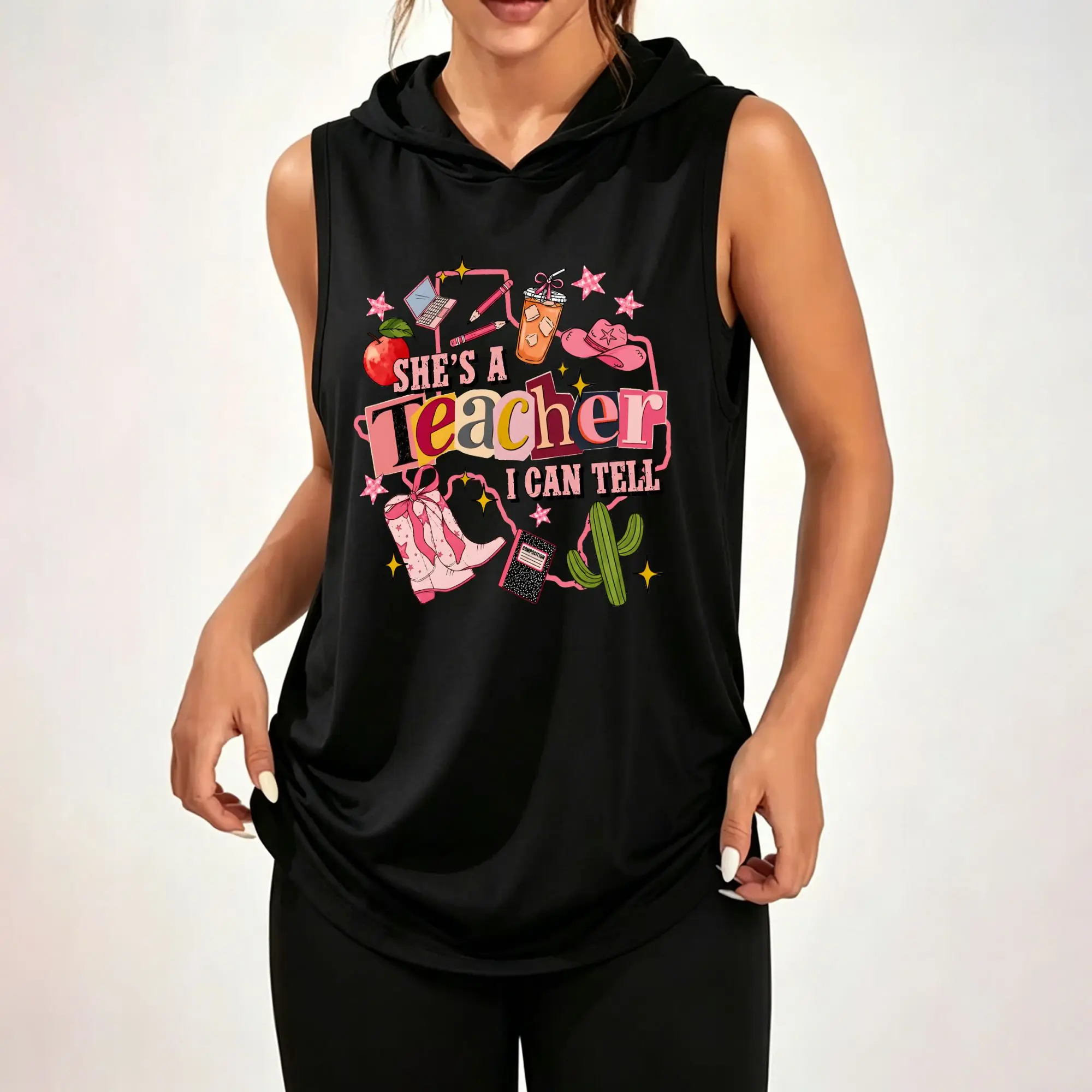Women Sleeveless Hooded Tank Top She's A Teacher I Can Tell Colorful Cowboy Boots Cactus Graphic Print Vest Casual Loose Sleeveless Hoodie Daily Wear Hood Tank Tops
