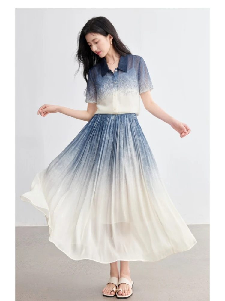 

SENTUBILA Female Clothing 2025 New Arrival High Elastic Waist Pleated A Line Long Skirt Gradient Blue Skirts 152QF2009
