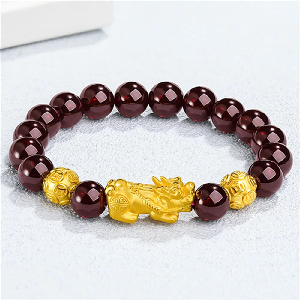 

1pcs 999 Pure Gold Bracelet Women Men 24K 3D Hard Gold Pixiu Coin Bead with 8mm Red Garnet Beaded Handmade Bracelet 16-20cmL