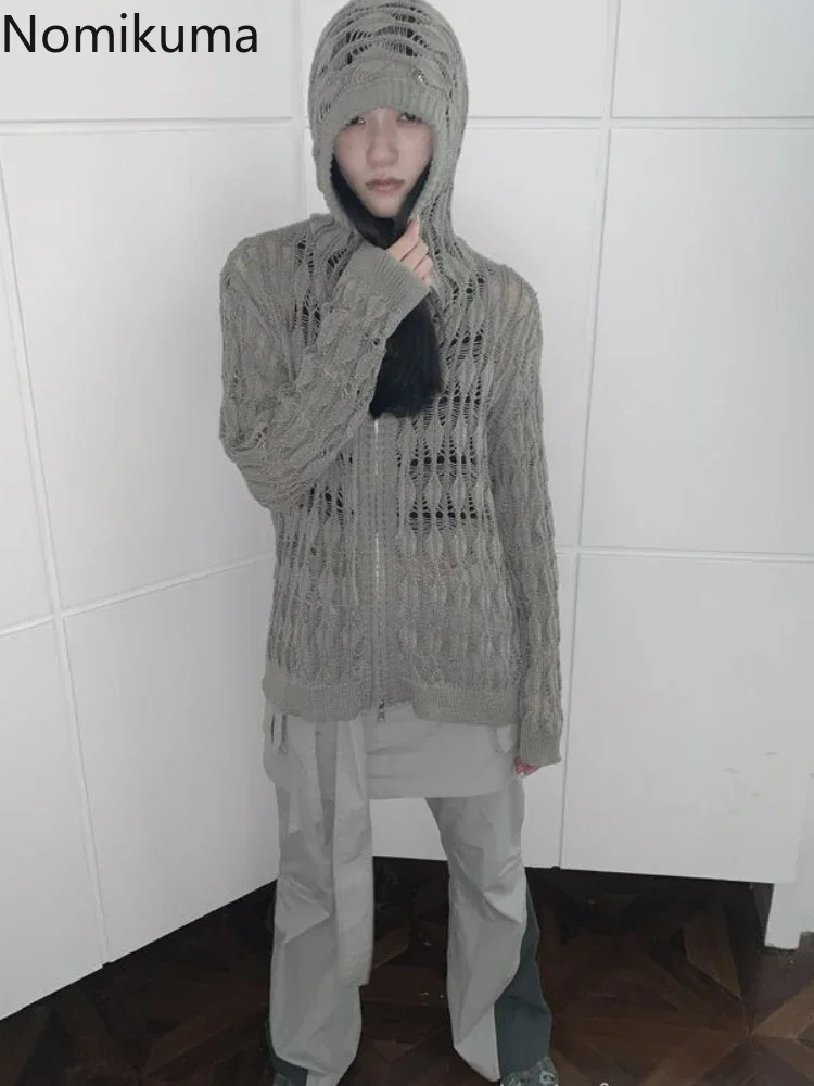 Pull à capuche côtelé Harajuku pour femmes, manteau évidé, veste mince, cardigan Y2K, vêtements à la mode, 2024