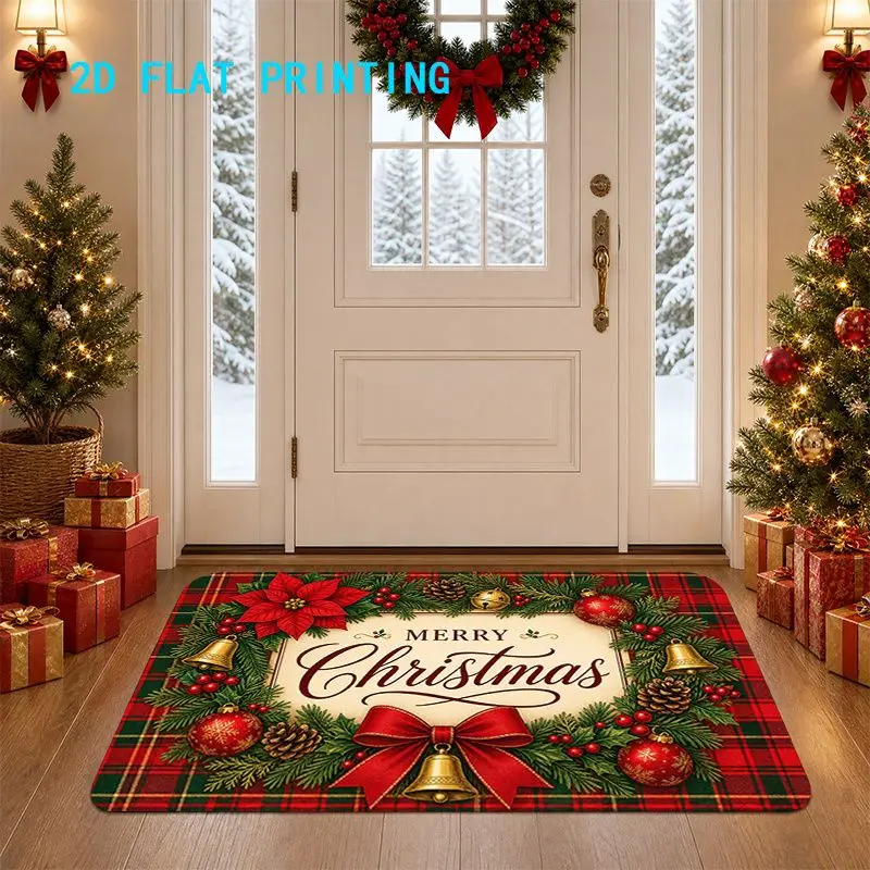 VIKAMA Merry Xmas Doormat Buffalo Plaid Poinsettia Bells Bow Skid Resistant Front Door Welcome Rug Seasonal Xmas Decor