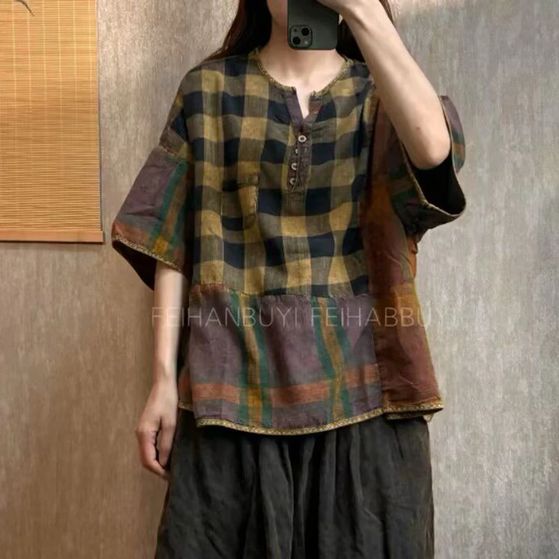 

Women Cotton Linen Casual T-shirts New Arrival 2026 Summer Vintage Style Plaid Pattern Loose Female Short Sleeve Tops Tees M2408