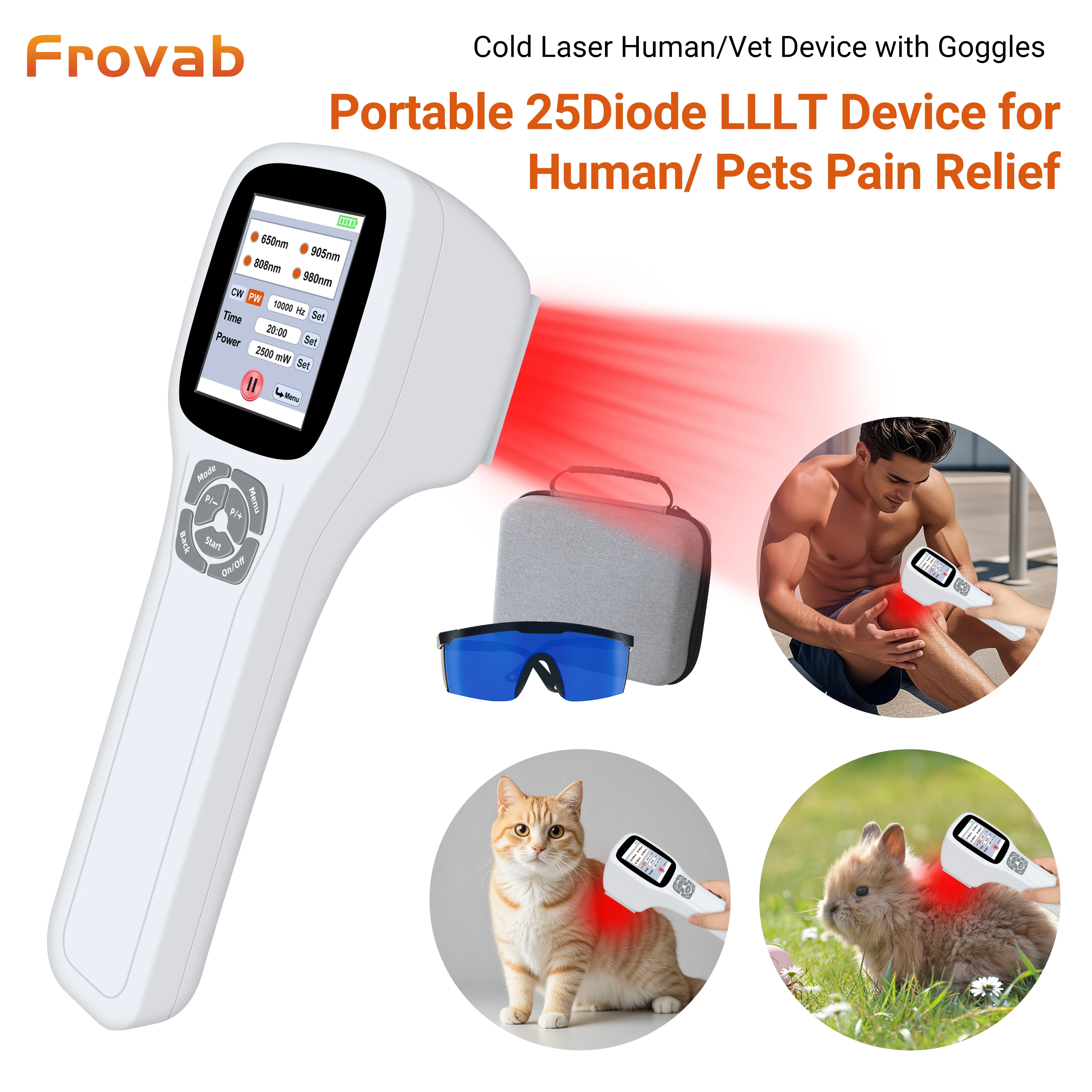 

Frovab 4 Wavelengths 2500mW Cold Laser Device 25 Diodes LLLT Red Infrared Light Therapy for Inflammation Arthritis Body Pain