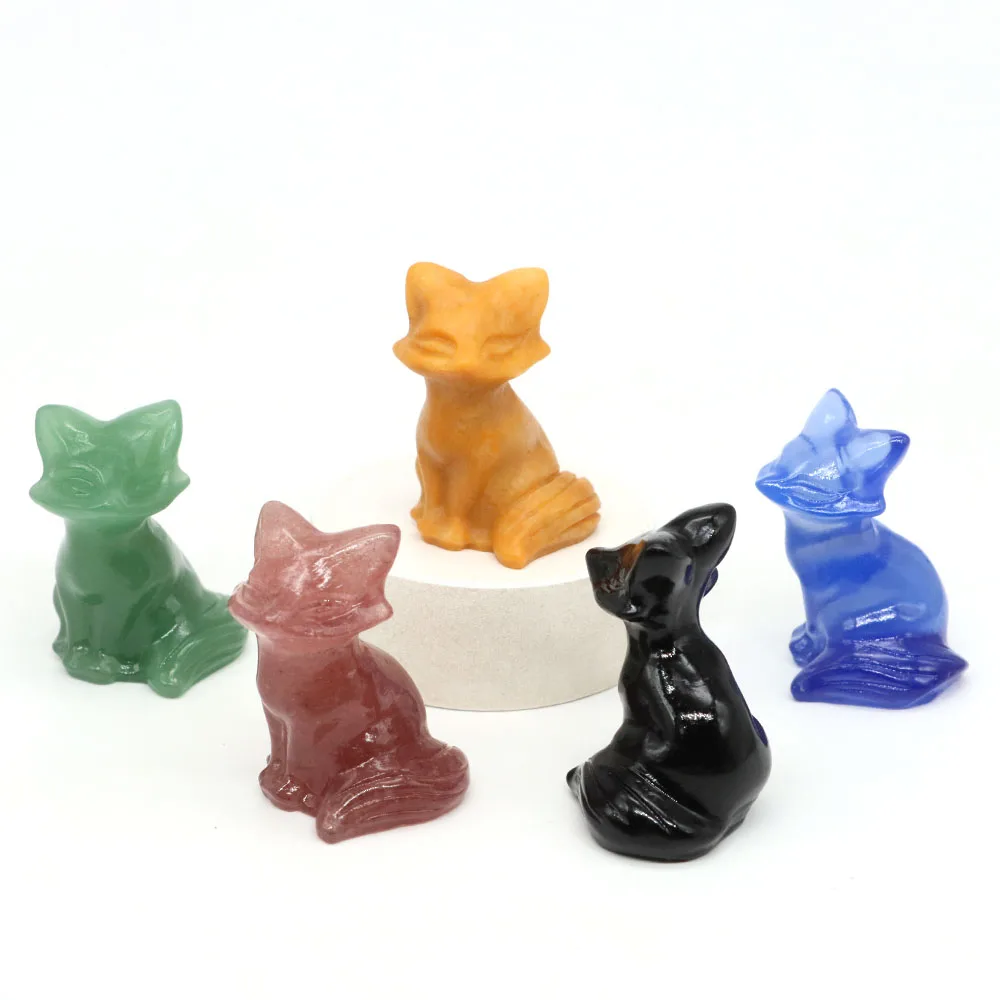 تمثال ثعالب من الحجر الطبيعي للشفاء كريستال منحوت يدويًا تمثال حيوان ريكي أحجار كريمة حرف معدنية ديكور منزلي هدايا محظوظة