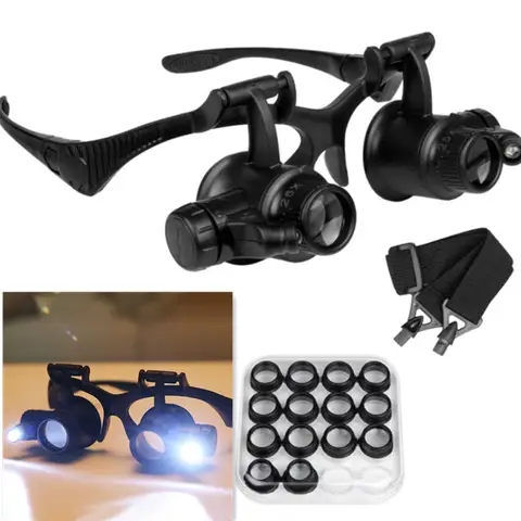 Magnifier Glasses with LED Light Portable 2.5X/4X/6X/8X/10X/15X/20X/25X Lens Loupe Magnifying Eyewear for Reading Repairing Wear