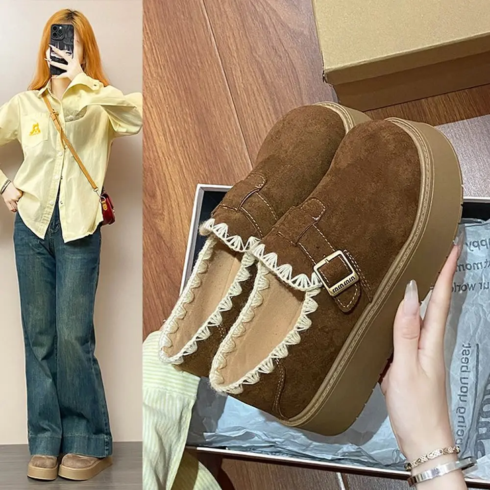 

Women's Flats Lace-Up Low Cut Thick Heel Moccasins Korean Style Autumn New Fashion Frosted Leather Belt Buckle Bohemian Shoes