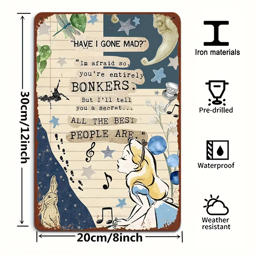 لوحة فنية جدارية مخصصة من القصدير المعدني من Alice in Wonderland - 20.32 × 30.48 سم، ديكور حديد على الطراز العتيق مع قطة شيشاير، فستان أزرق #1