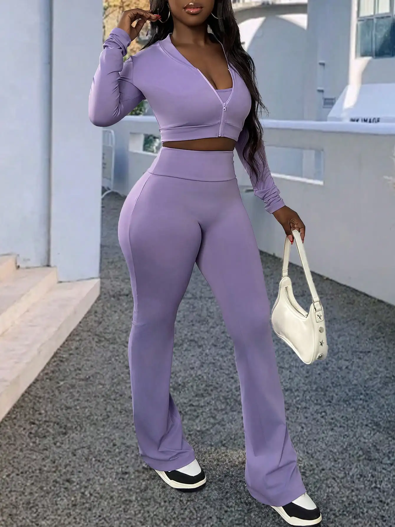 3Pcs Women's Solid Knit Sport Set  Long Sleeve Top Short Coat Cami  Flare Leggings for Sports/Travel